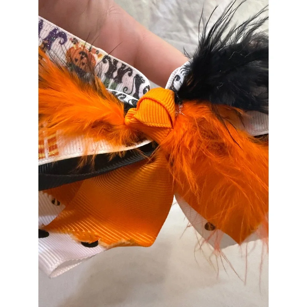 Halloween Boutique Hair Bow Orange Black White Pumpkin Feather Alligator Clip